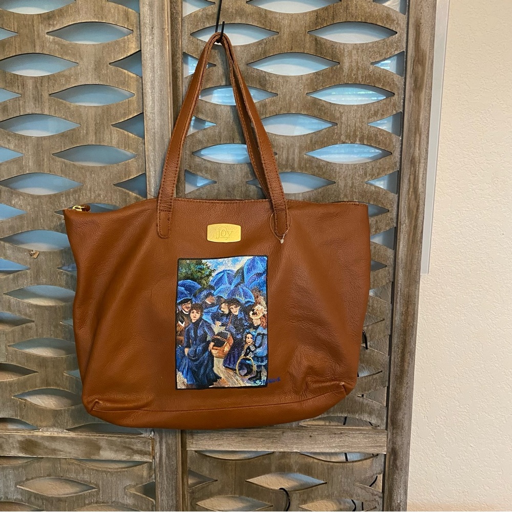 Joy Mangano Brown and Blue Tote Bag with Artistic Panel